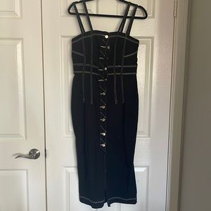 Black denim two strap midi dress.